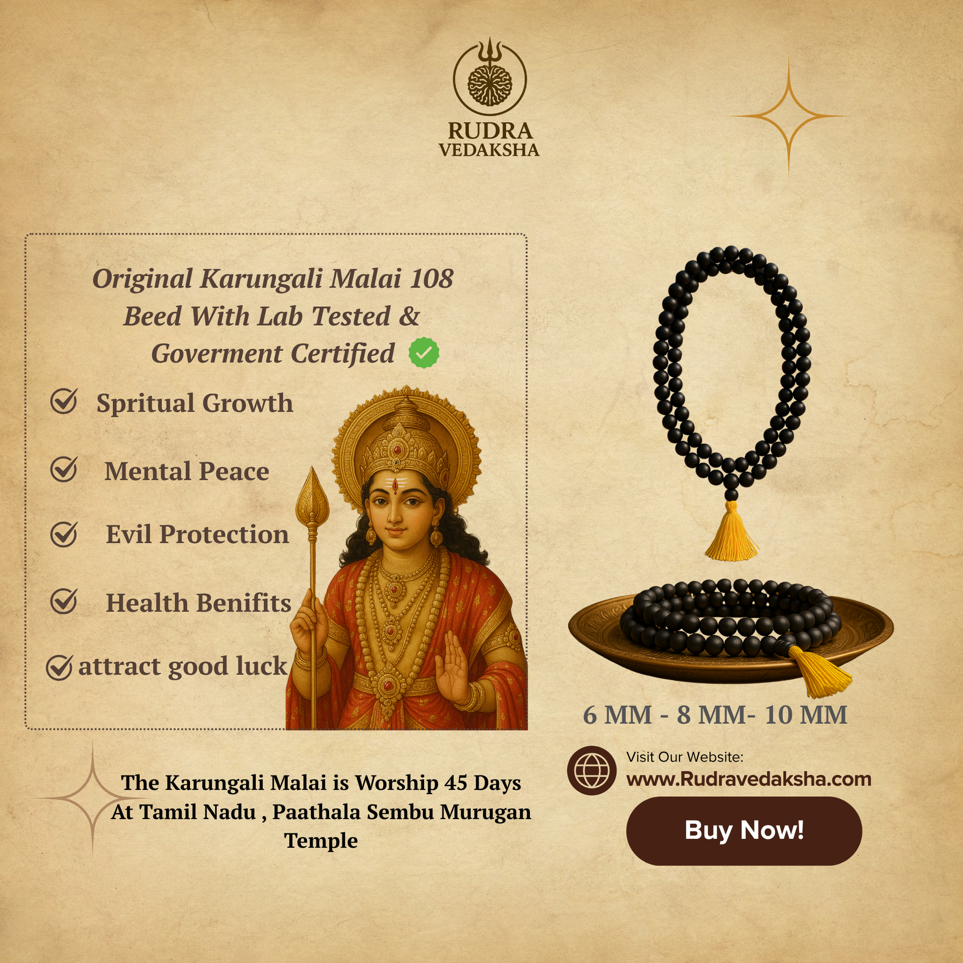 Rudra Vedaksha Original Karungali Malai with Silver cap 54-Beads  with Govt. Certification